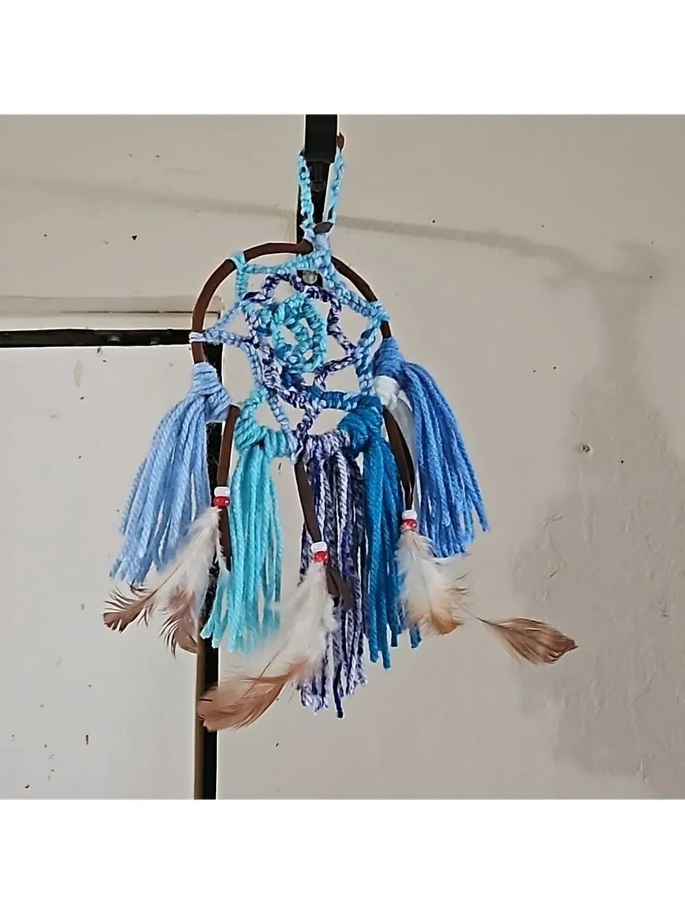 Hand Knit Crochet Dreamcatcher Brown Blue Yarn Feathers